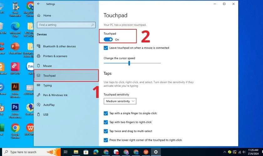 K&eacute;o n&uacute;t gạt sang phải để bật Touchpad tr&ecirc;n m&aacute;y t&iacute;nh