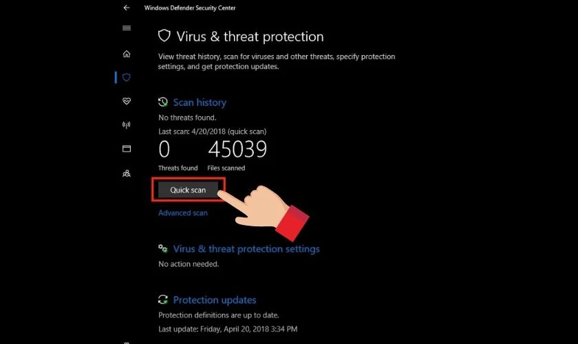 Chọn Quick scan để tiến h&agrave;nh qu&eacute;t virus nhanh