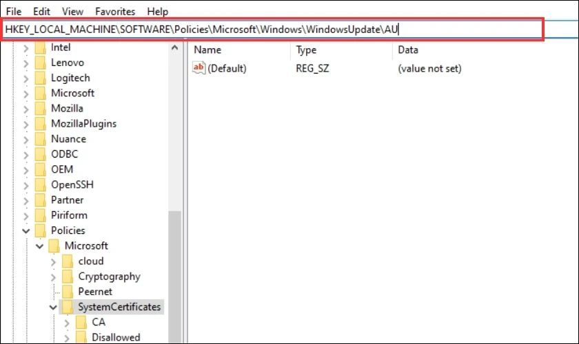 Trên thanh địa chỉ của Registry Editor, bạn dán đường dẫn này vào HKEY_LOCAL_MACHINE\SOFTWARE\Policies\Microsoft\Windows\WindowsUpdate\AU rồi nhấn Enter