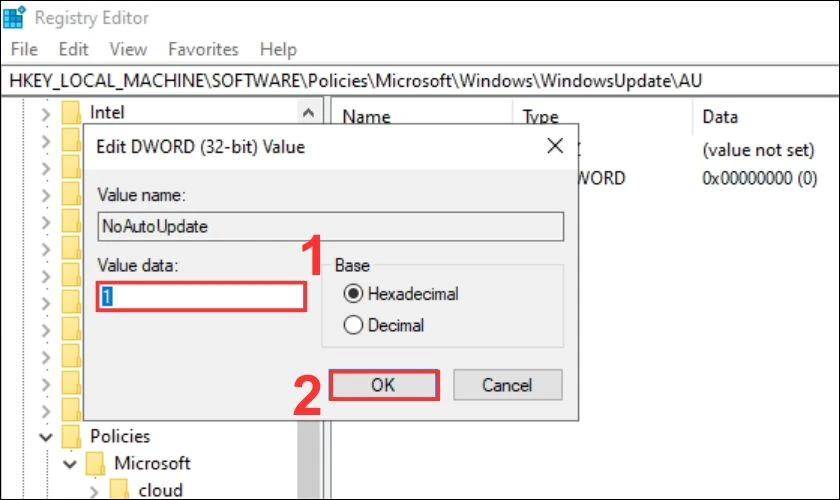Click con trỏ chuột hai lần vào từ khóa NoAutoUpdate và đặt giá trị 1