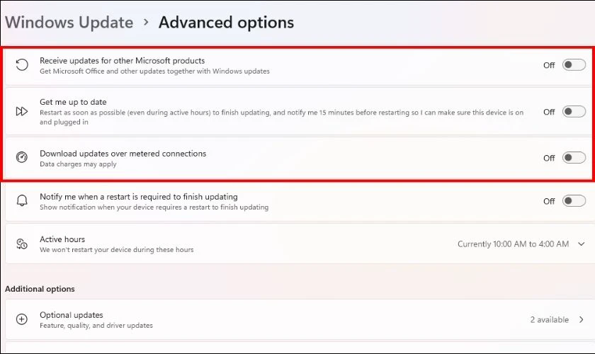 Tìm đến Advanced Options và tắt 3 mục như hình dưới đây là xong