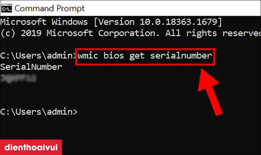 Tại cửa sổ Command Prompt, bạn nhập&nbsp;wmic bios get serialnumber&nbsp;ấn Enter