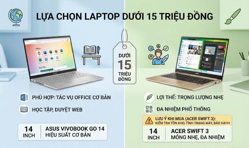 Laptop văn phòng nhỏ gọn dưới 15 triệu