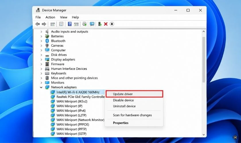 Nhấn chuột phải vào card WiFi