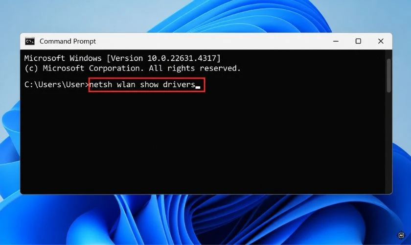 Nhập lệnh netsh wlan show drivers