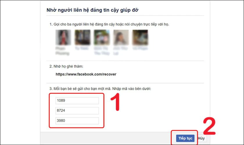 Sử dụng li&ecirc;n hệ tin cậy lấy lại mật khẩu Facebook khi mất số điện thoại v&agrave; email bước 5