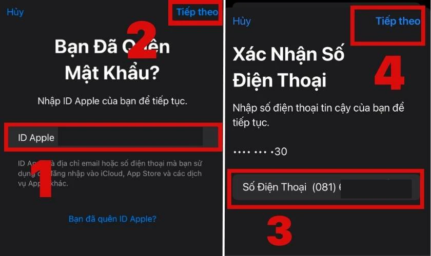 Nhập ID Apple m&agrave; bạn bị qu&ecirc;n mật khẩu v&agrave; nhấn Tiếp theo