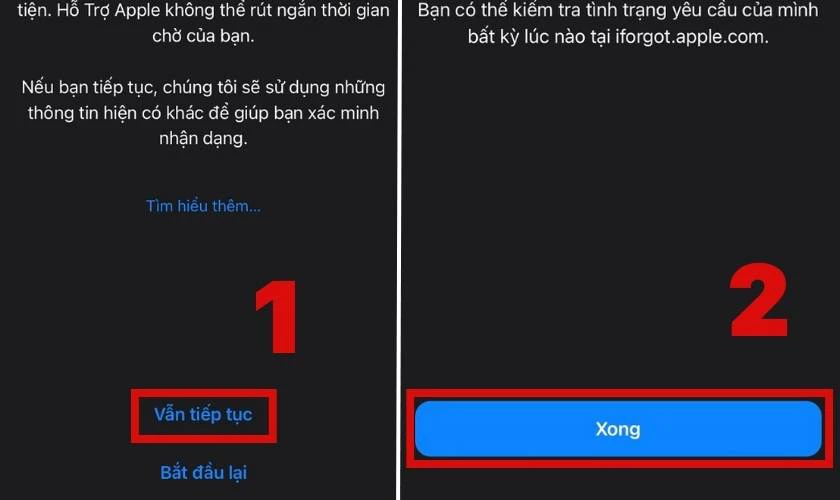 Chọn Xong v&agrave; chờ Apple gửi kh&ocirc;i phục mật khẩu iCloud 