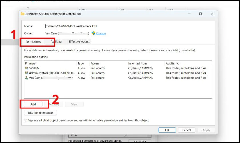 Trong tab Permissions, bạn nhấn v&agrave;o n&uacute;t Add để tiếp tục