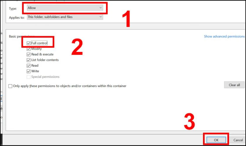 Sau đ&oacute; bấm v&agrave;o OK để lưu thao t&aacute;c v&agrave; lấy lại quyền truy cập ổ cứng win 10