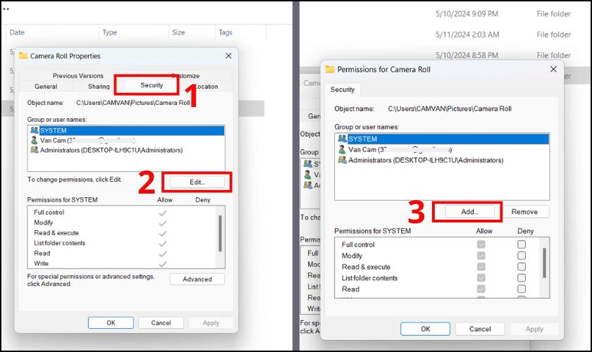Nhấp v&agrave;o tab Security rồi click v&agrave;o Edit, chọn n&uacute;t Add