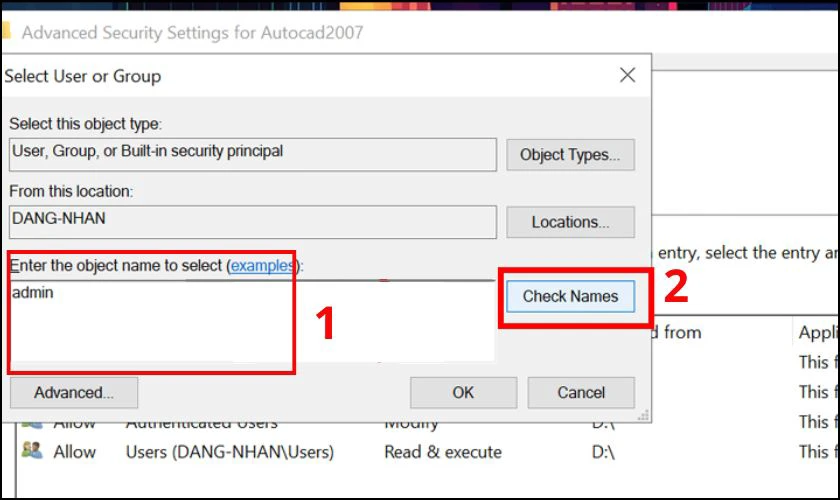 Nhập t&ecirc;n t&agrave;i khoản người d&ugrave;ng v&agrave;o mục Enter the object name to select