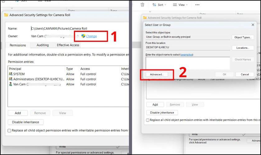 Tại cửa sổ Select user or group, bạn chọn Advanced