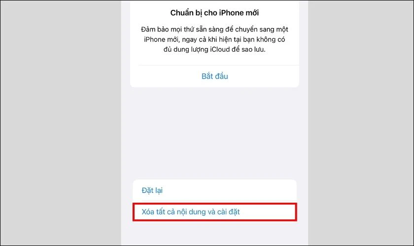 Bạn chọn Xóa tất cả nội dung và cài đặt để khôi phục lại cài đặt gốc