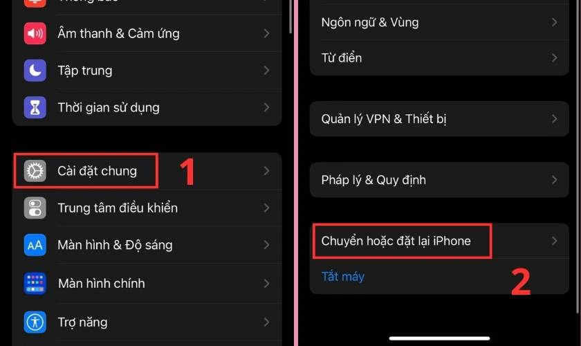 Nhấn v&agrave;o Chuyển hoặc đặt lại iPhone trong C&agrave;i đặt chung
