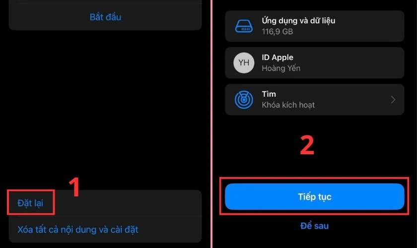 Chọn X&oacute;a tất cả nội dung v&agrave; c&agrave;i đặt rồi nhấn Tiếp tục