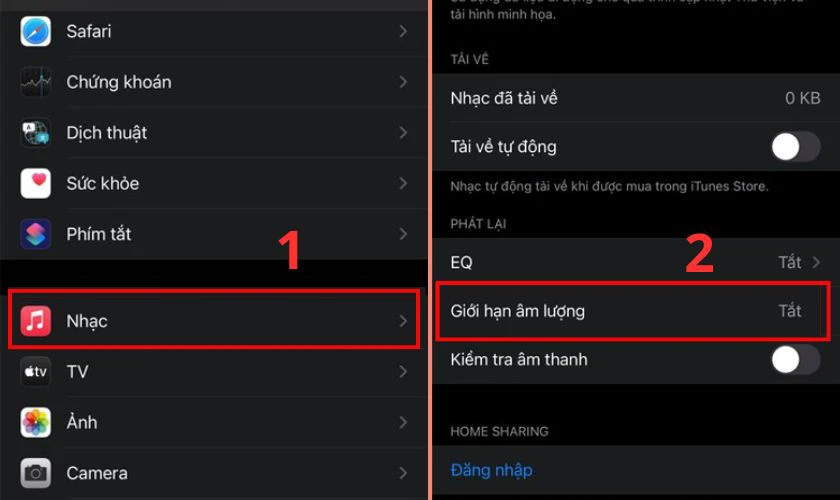 Chọn mục Nhạc rồi nhấn v&agrave;o d&ograve;ng Giới hạn &acirc;m lượng