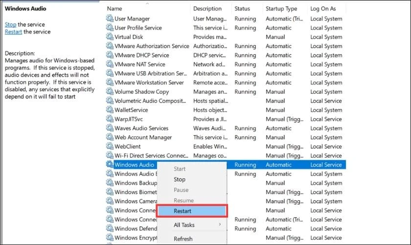 Khởi động lại Windows Audio
