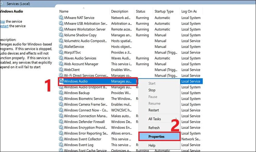T&igrave;m dịch vụ Windows Audio