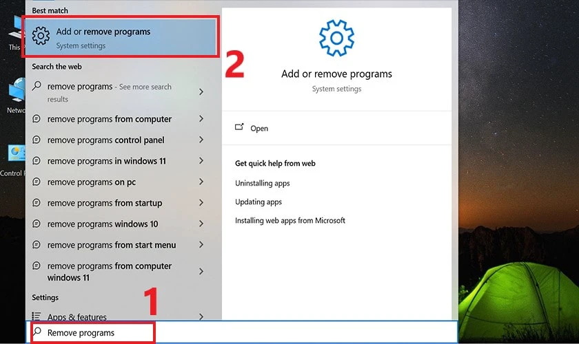 G&otilde; v&agrave; chọn v&agrave;o Add or remove programs