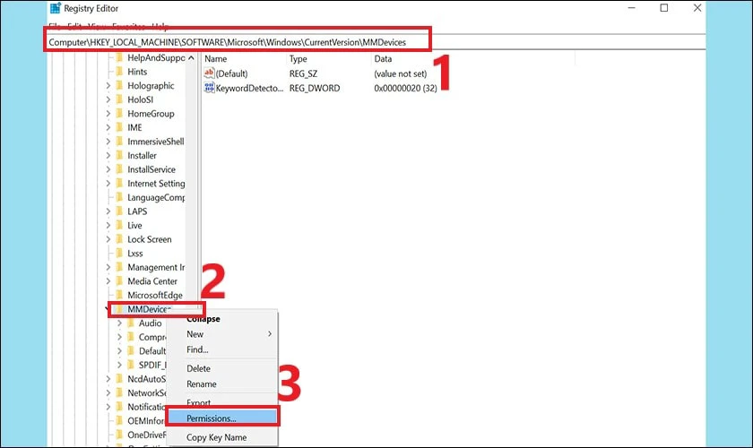 Chọn lần lượt v&agrave;o MMDevices v&agrave; Permissions