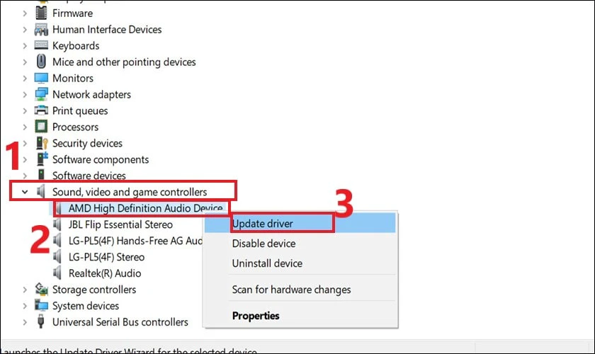 Nhấp chuột phải v&agrave;o Audio Device rồi chọn Update Driver