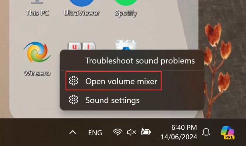 Chọn v&agrave;o Open Volume mixer để khắc phục loa laptop l&uacute;c nghe l&uacute;c kh&ocirc;ng