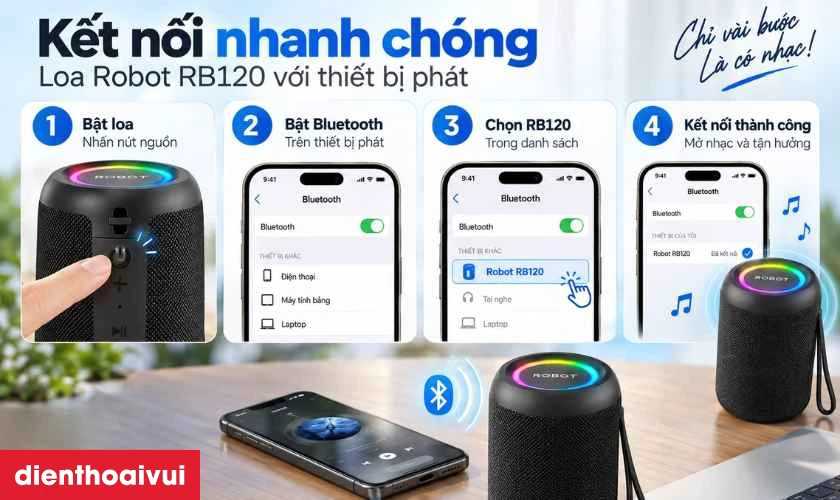 Cách kết nối loa Robot RB120 với thiết bị phát