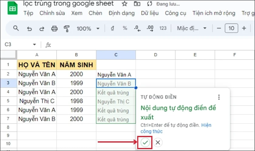 Nhấn ph&iacute;m Enter v&agrave; k&eacute;o c&ocirc;ng thức xuống hết to&agrave;n bộ cột