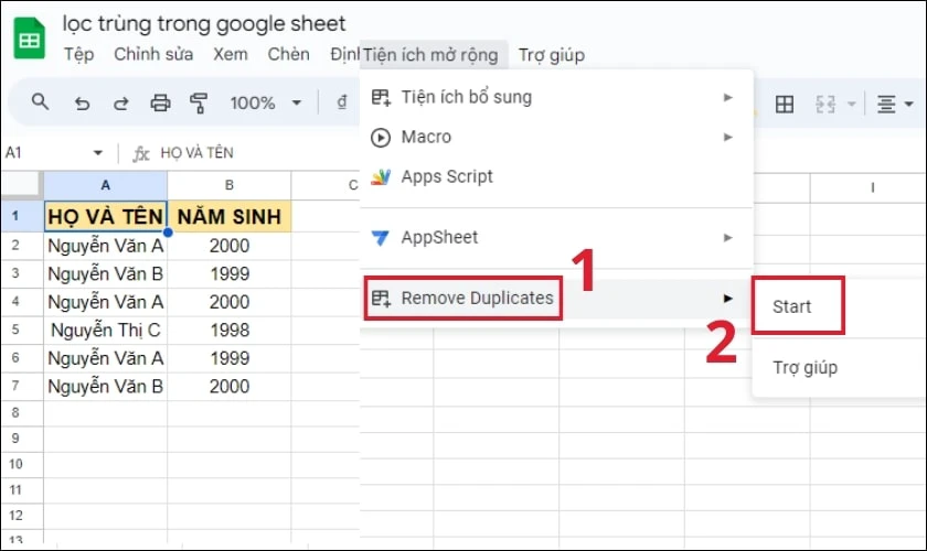 Chọn Remove Duplicates v&agrave; nhấn Start để lọc dữ liệu tr&ugrave;ng lắp