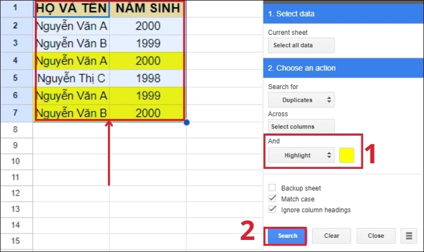 Chọn Highlight, sau đ&oacute; nhấp v&agrave;o n&uacute;t Search