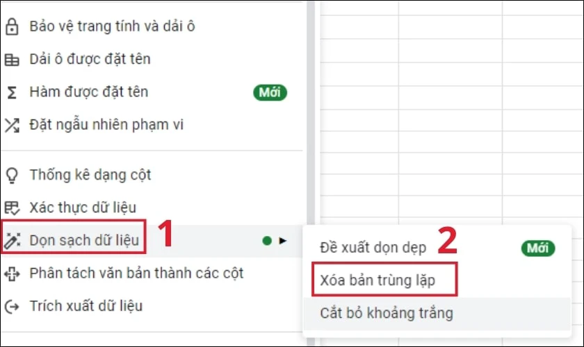 Chọn mục Dọn sạch dữ liệu v&agrave; click v&agrave;o X&oacute;a bản tr&ugrave;ng lặp