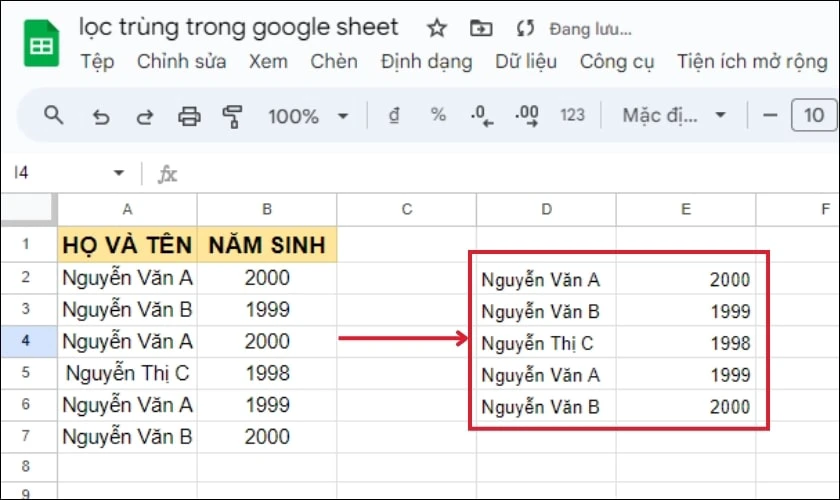 Kết quả sau khi nhập h&agrave;m lọc tr&ugrave;ng trong Excel