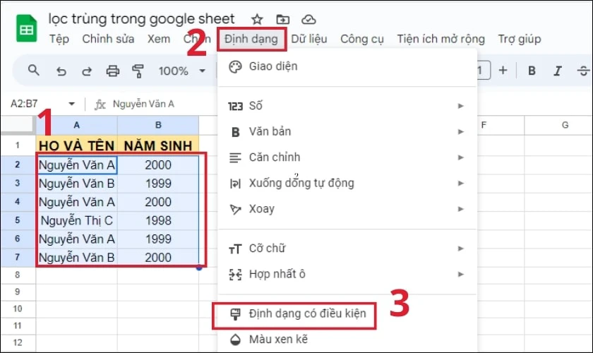 T&igrave;m v&agrave; đ&aacute;nh dấu c&aacute;c dữ liệu tr&ugrave;ng nhau để lọc tr&ugrave;ng trong Google Sheets
