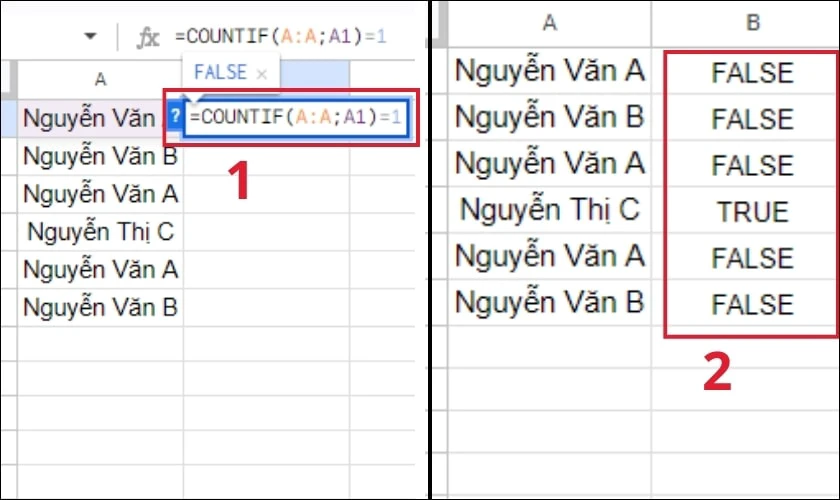 Lọc dữ liệu tr&ugrave;ng v&agrave; kh&ocirc;ng tr&ugrave;ng trong Google Sheets