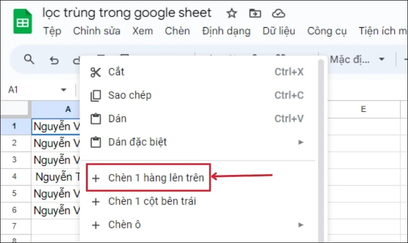  Ch&egrave;n 1 h&agrave;ng l&ecirc;n tr&ecirc;n trong bảng dữ liệu