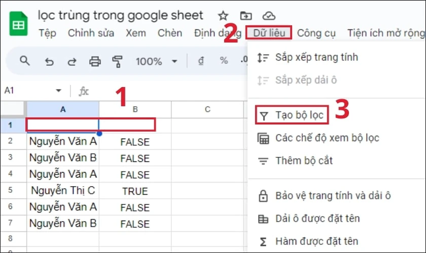 Chọn tab Dữ liệu tr&ecirc;n thanh c&ocirc;ng cụ v&agrave; click v&agrave;o mục Tạo bộ lọc