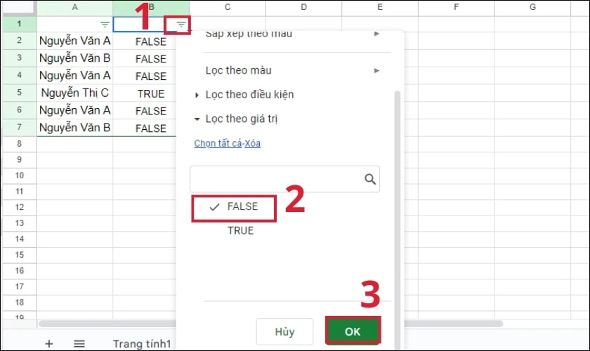 Bỏ chọn mục FALSE trong danh s&aacute;ch c&aacute;c gi&aacute; trị, v&agrave; nhấn OK để lọc c&aacute;c gi&aacute; trị kh&ocirc;ng tr&ugrave;ng trong Google Sheets