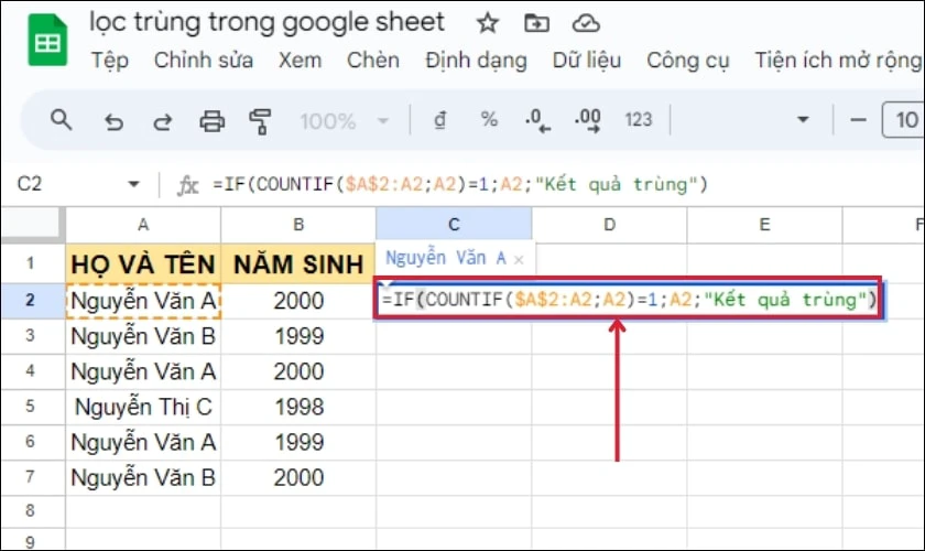 Lọc gi&aacute; trị tr&ugrave;ng xuất hiện 2 lần trở đi trong Google Sheets