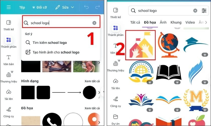 Tại mục Thành phần, gõ từ khóa như school logo, toy logo, children
