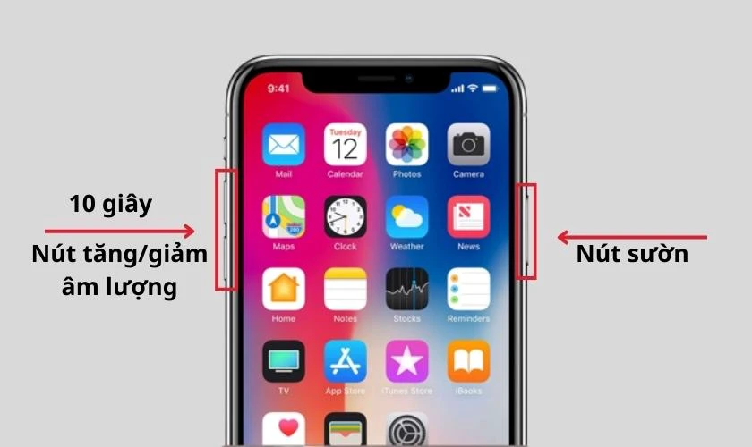 Nhấn và giữ đồng thời nút sườn với nút giảm âm lượng cùng lúc trong 10 giây