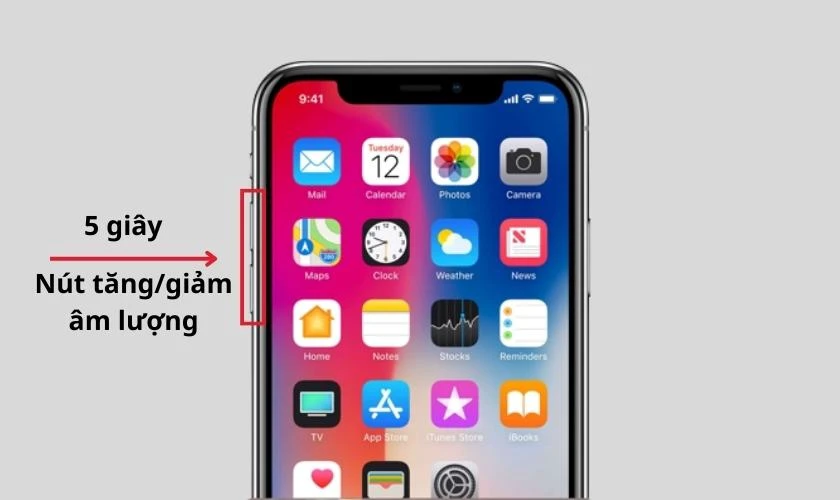 Thả nút Sườn nhưng vẫn giữ nút Giảm âm lượng trong 5 giây nữa