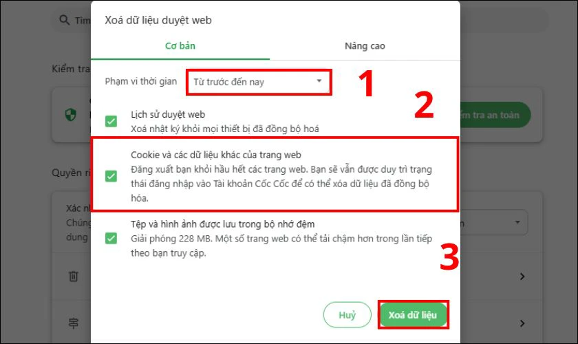 X&oacute;a bộ nhớ đệm v&agrave; cookies của tr&igrave;nh duyệt web