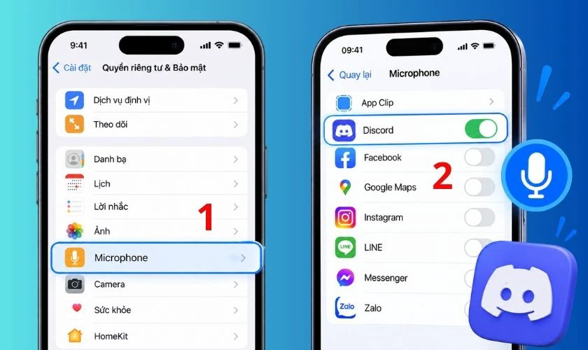 Mở Cài đặt, chọn mục Quyền riêng tư & Bảo mật., chọn Micro và kiểm tra