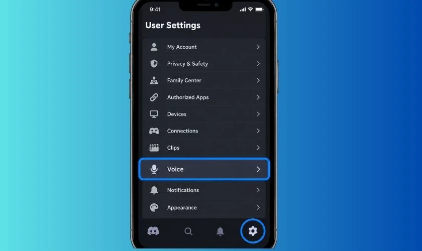 Nhấn biểu tượng bánh răng để mở User Settings, cuộn xuống và chọn Voice