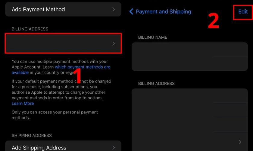Nhấn v&agrave;o phần Billing Address, chọn Edit rồi điền c&aacute;c th&ocirc;ng tin cần thiết