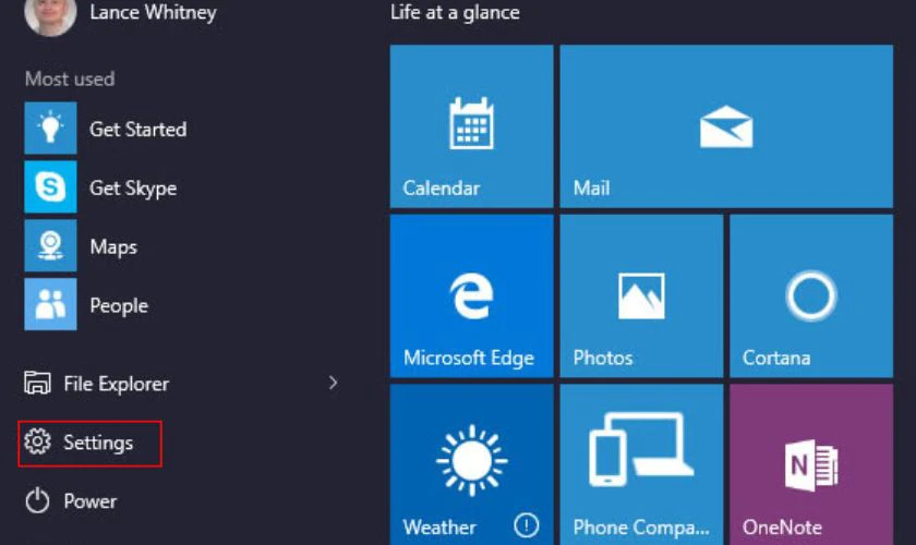 Bạn truy cập v&agrave;o Start Menu, sau đ&acirc;y chọn v&agrave;o Setting