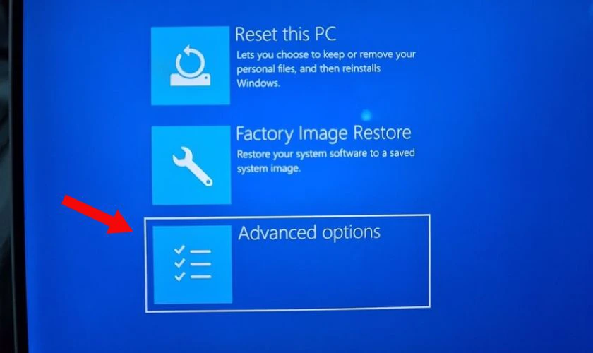 Tại giao diện Troubleshoot. Cuộn xuống ph&iacute;a dưới v&agrave; chọn mục Advanced options