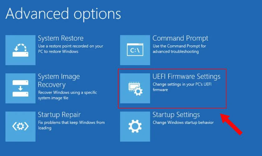 Cuối c&ugrave;ng, bạn h&atilde;y bấm v&agrave;o mục UEFI Firmware settings để khắc phục lỗi BIOS kh&ocirc;ng nhận ổ cứng