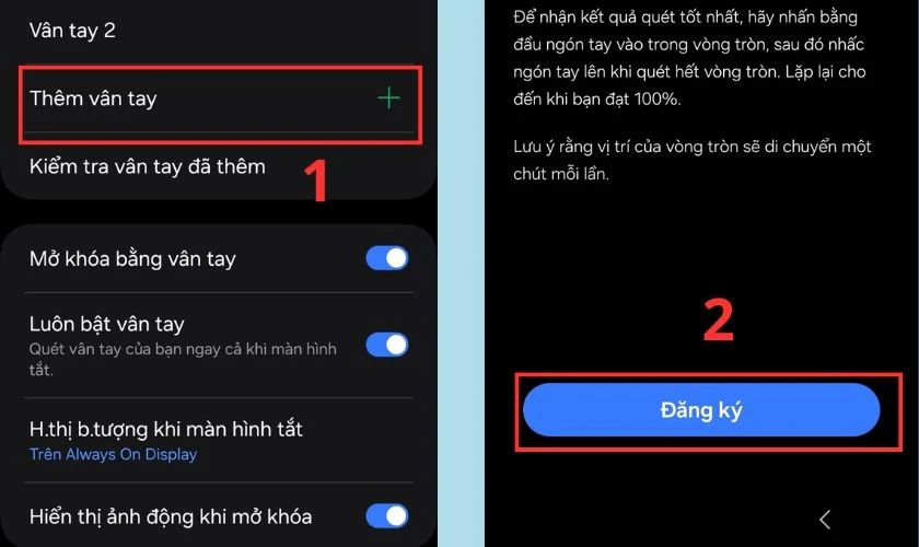 Chọn v&agrave;o Th&ecirc;m v&acirc;n tay sau đ&oacute; chọn Đăng k&yacute;